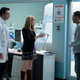 From left to right: Reid Scott as Dr. Dan, Michelle Williams as Anne Weying, and Tom Hardy as Eddie Brock in Sony’s Venom.